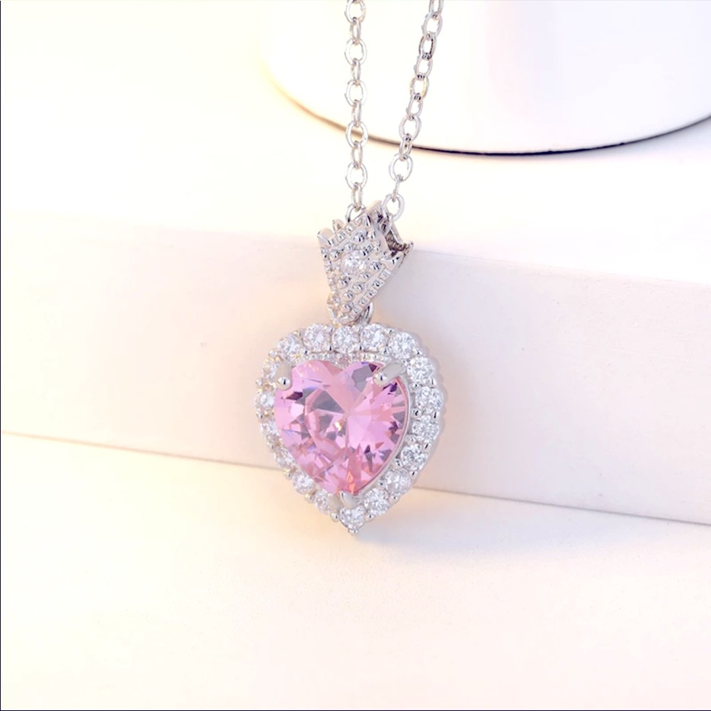 New 925 sterling pink heart crystal necklace